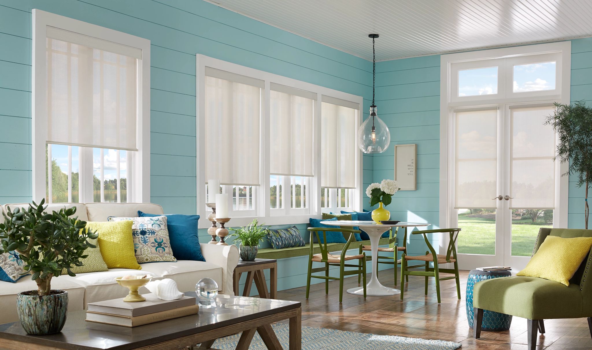 Cordless Roller Shades With Turquoise Wall