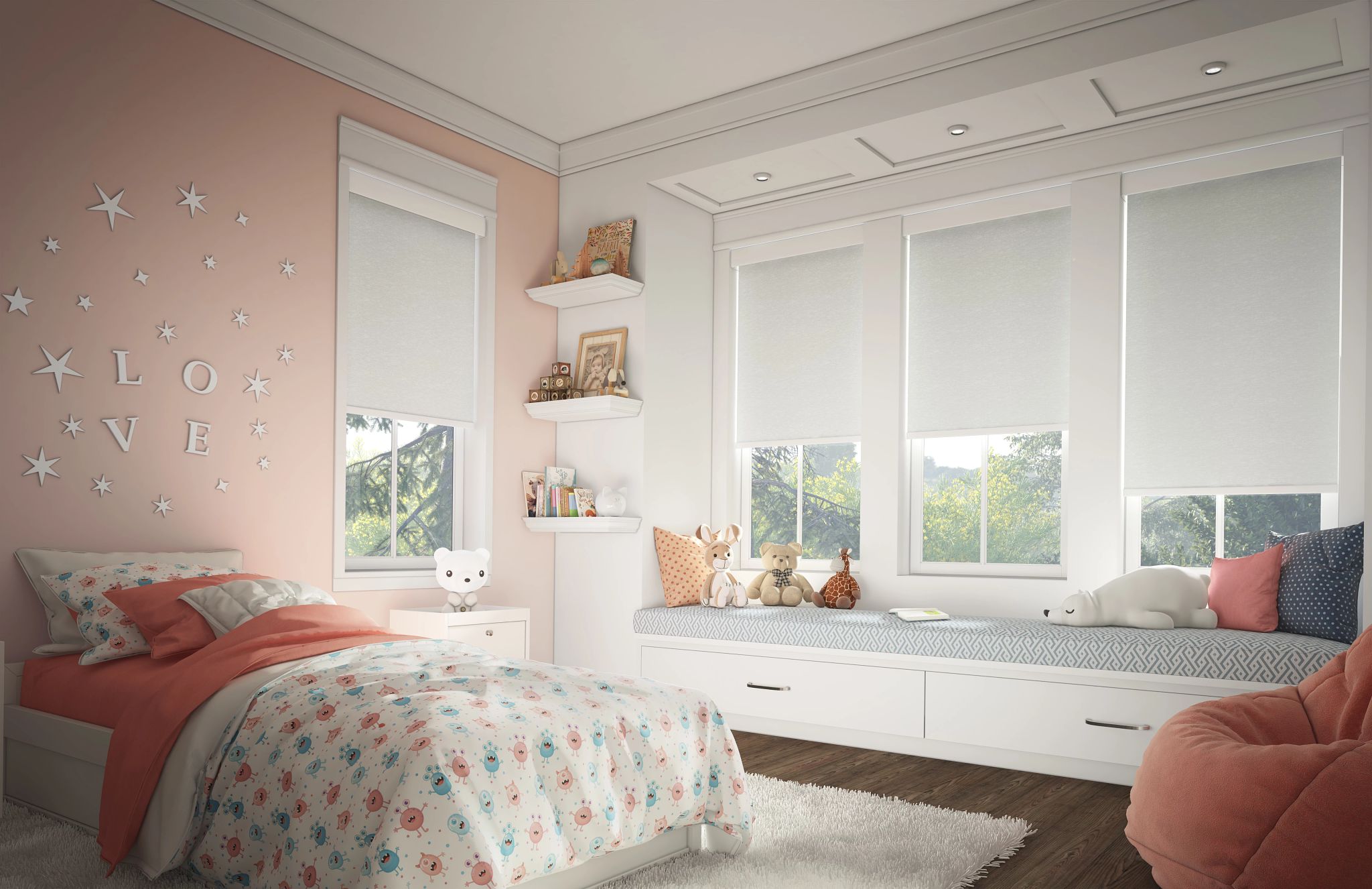 Cordless Roller Shades With Pink Wall